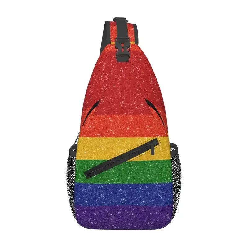 

Custom Faux Glitter Rainbow Pride Flag Sling Chest Bag LGBT Gay Lesbian Shoulder Crossbody Backpack for Men Traveling Daypack