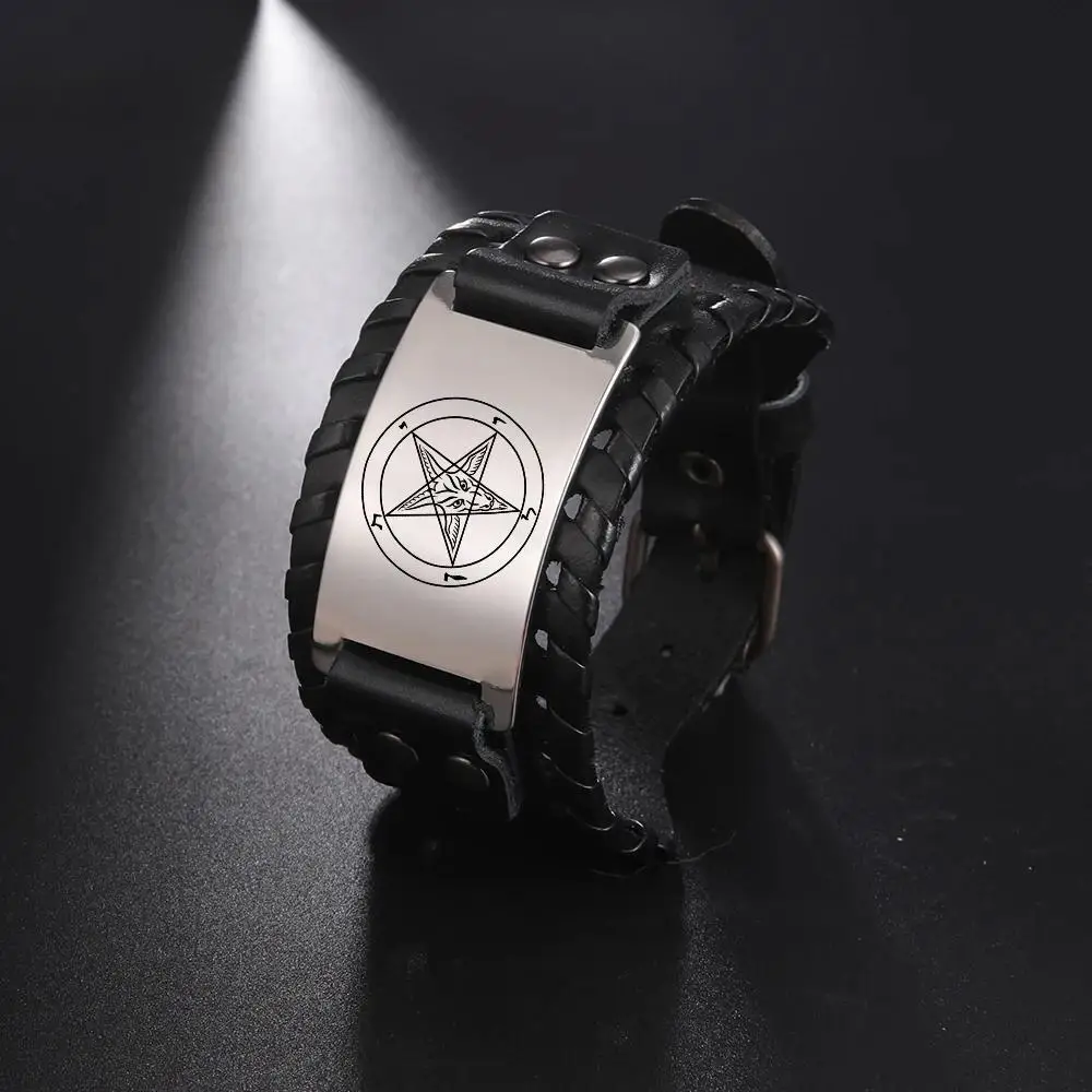 Symbol of Evil Satanic Amulet Talisman Occult Baphomet Adjustable Charm Viking Magic Wide Leather Bracelet for Men