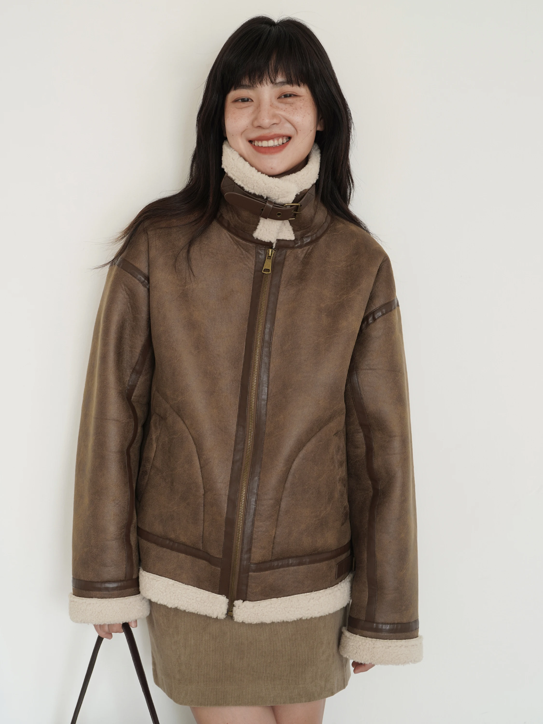 EIGHTHMONTH レディース スエード ジャケット ラムファー裏地付き ルーズ 冬用アウター 通勤 スリーブ ロング スリーブ ポリエステル生地コート