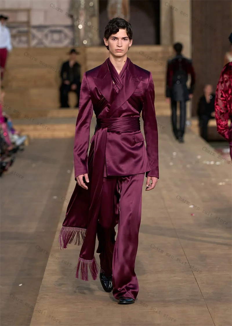 

Catwalk Satin Men Suits Set 2 Pcs Blazer+Pant Trousers Belted Tassel Wedding Tuxedo Formal Office Business Groom Jacket Coat