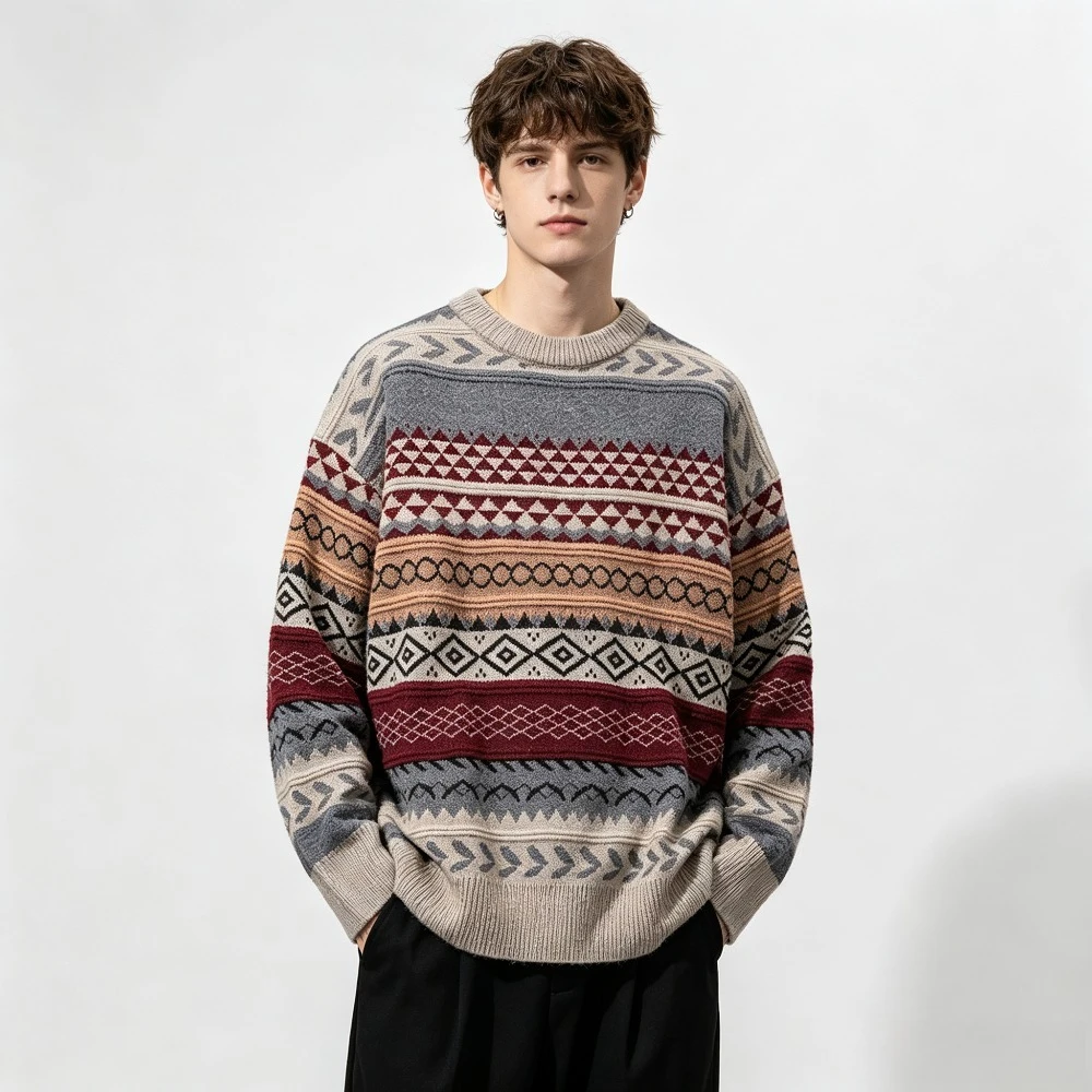2026 autumn and winter new Nordic retro knitted sweater round neck loose fitting men and women couple's same jacquard sweater