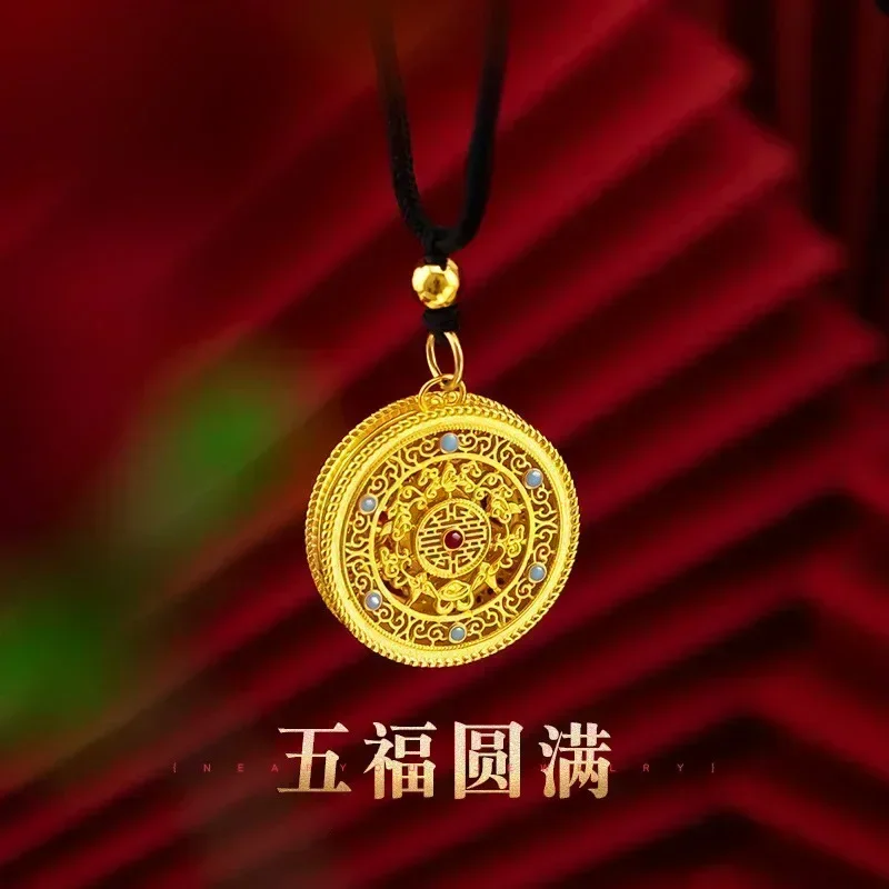 9999 Real Gold 24K  Men's Retro Court Style Wufu Complete Pendant Flower Silk Hollow