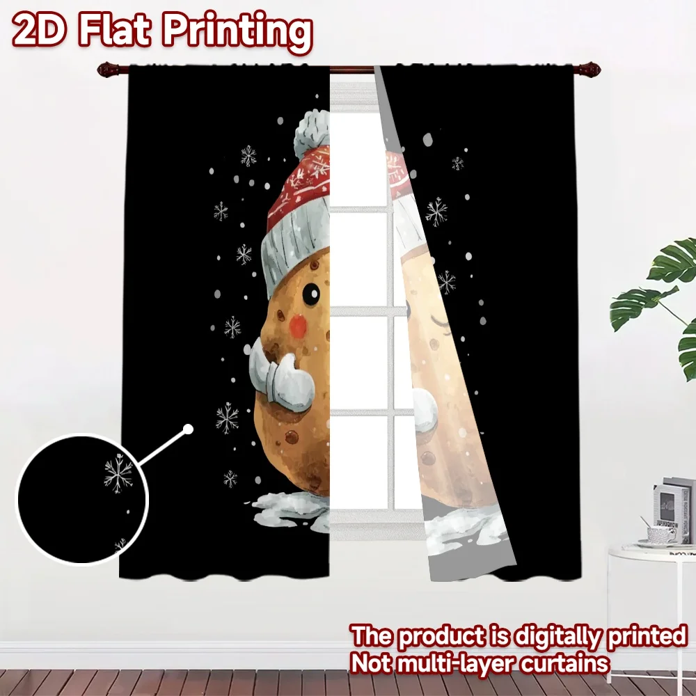 2D flat 2pcs Curtain Modern Minimalist Style Christmas Potato in Beanie Digitally printed polyester Festive Wall Decor Perfect