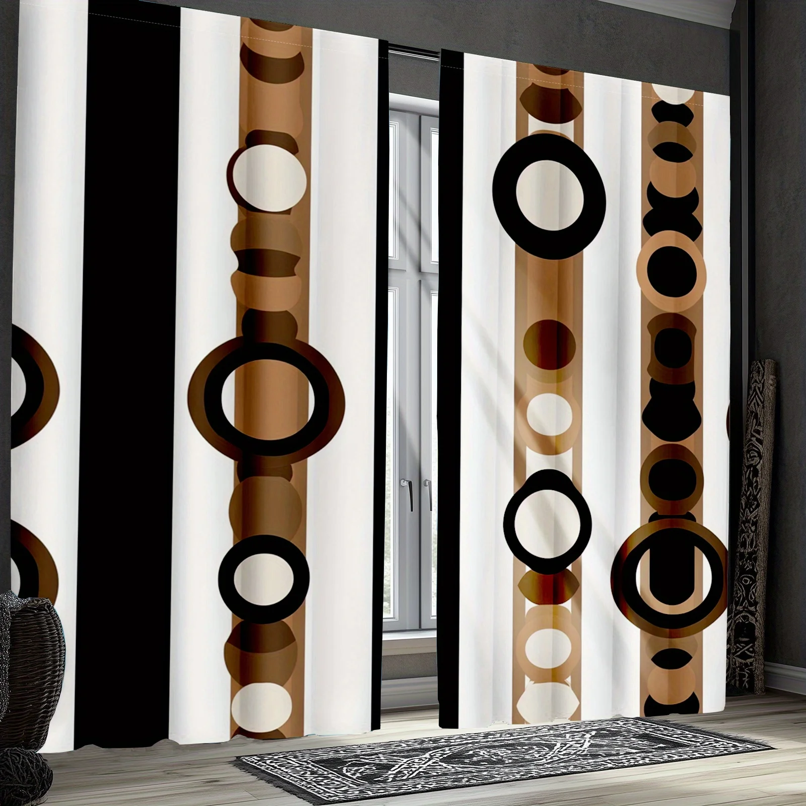 Contemporary Geometric Abstract Curtains Beige Brown Black White Circle Pattern Window Drapery Panels for Living Room Decor