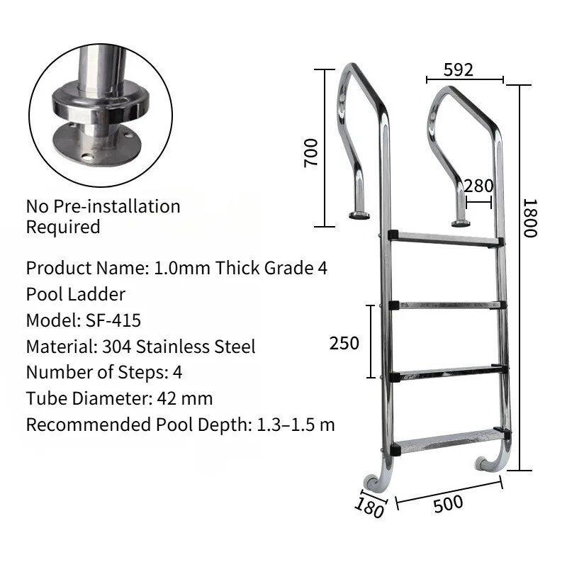 Level 4 Pool Ladder with No Pre-installation Required; 304 Thickened Stainless Steel , Suitable for Pools 1.3–1.5 M Deep