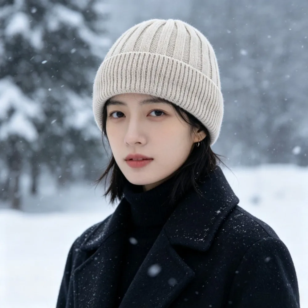 Ribbed Knit Knitted Beanie Hat Thick Warm Elastic Cuff Fleece Lined Beanie Ear Protection Solid Winter Knit Hat Outdoor Cycling