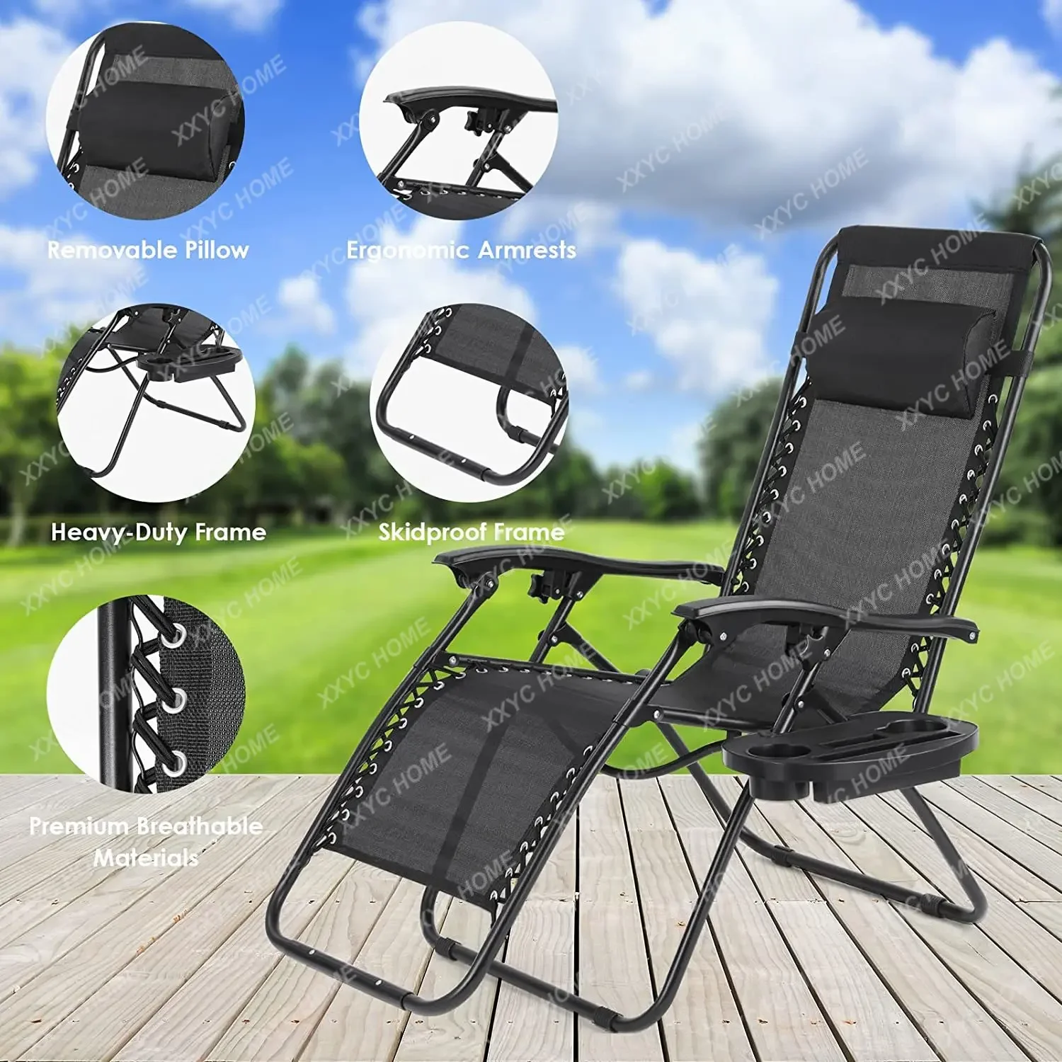 3Pcs Sun Lounger Set with Table,Pillow Outdoor Textilene Adjustable Zero Gravity Folding Reclining Lounge Chair, Garden Recliner