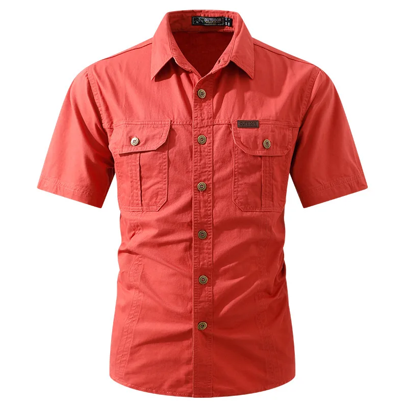Summer Lightweight Solid Pure Cotton Short Sleeve Cargo Shirt Men's Casual Top