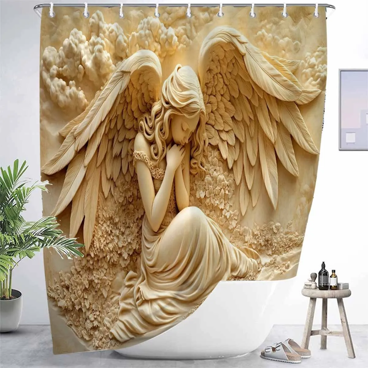 Serene Angel with Wings Waterproof Shower Curtain for Bathroom Decor, Unique Art Design, Vibrant Colors, Modern Fashion