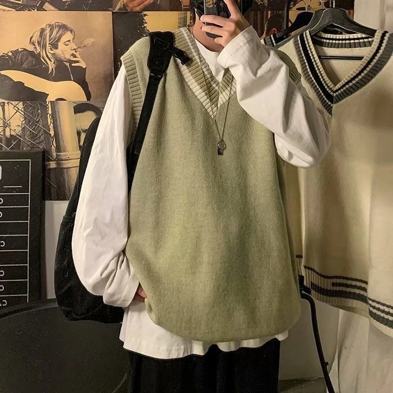 

Осень-зима, мужской шерстяной жилет высокого качества, повседневный свободный крой, уличная мода, гонконгский стиль, пара, консервативный трикотаж с v-образным вырезом