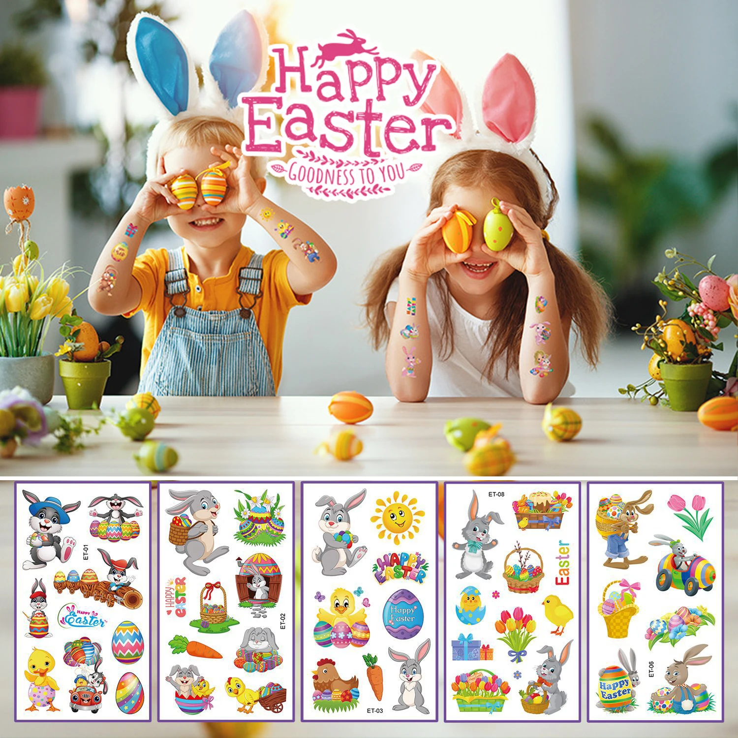 10pcs/Set Easter Day Children's Sticker Cute Cartoon Waterproof Egg Rabbits Carrot Temporary Tattoo Face Body Stickers for Kids