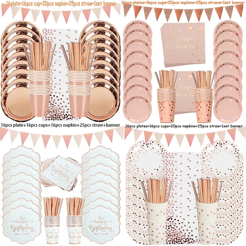 Rose Gold Birthday Decorations Disposable Tableware Set - Perfect for Adult Birthday Party, Wedding, Baby Shower - Elegant Paper