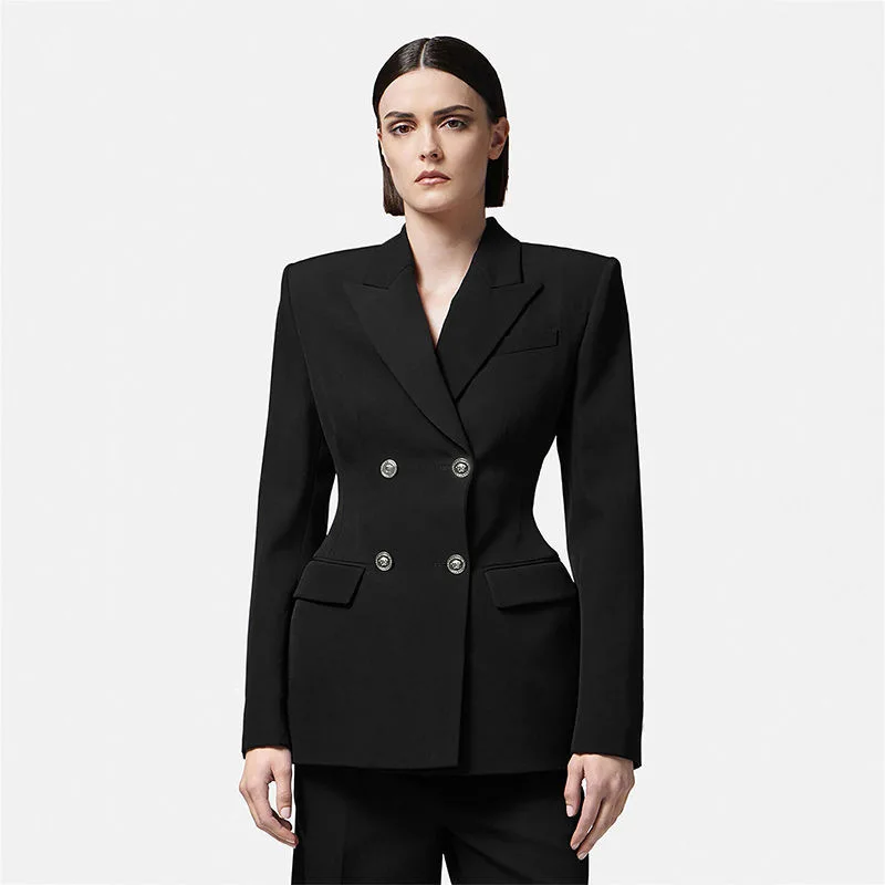 Tuta da pendolare 2024 primavera nuovo doppio petto spalla larga vita sottile stretto Socialite elegante cappotto Blazer nero sottile per le donne