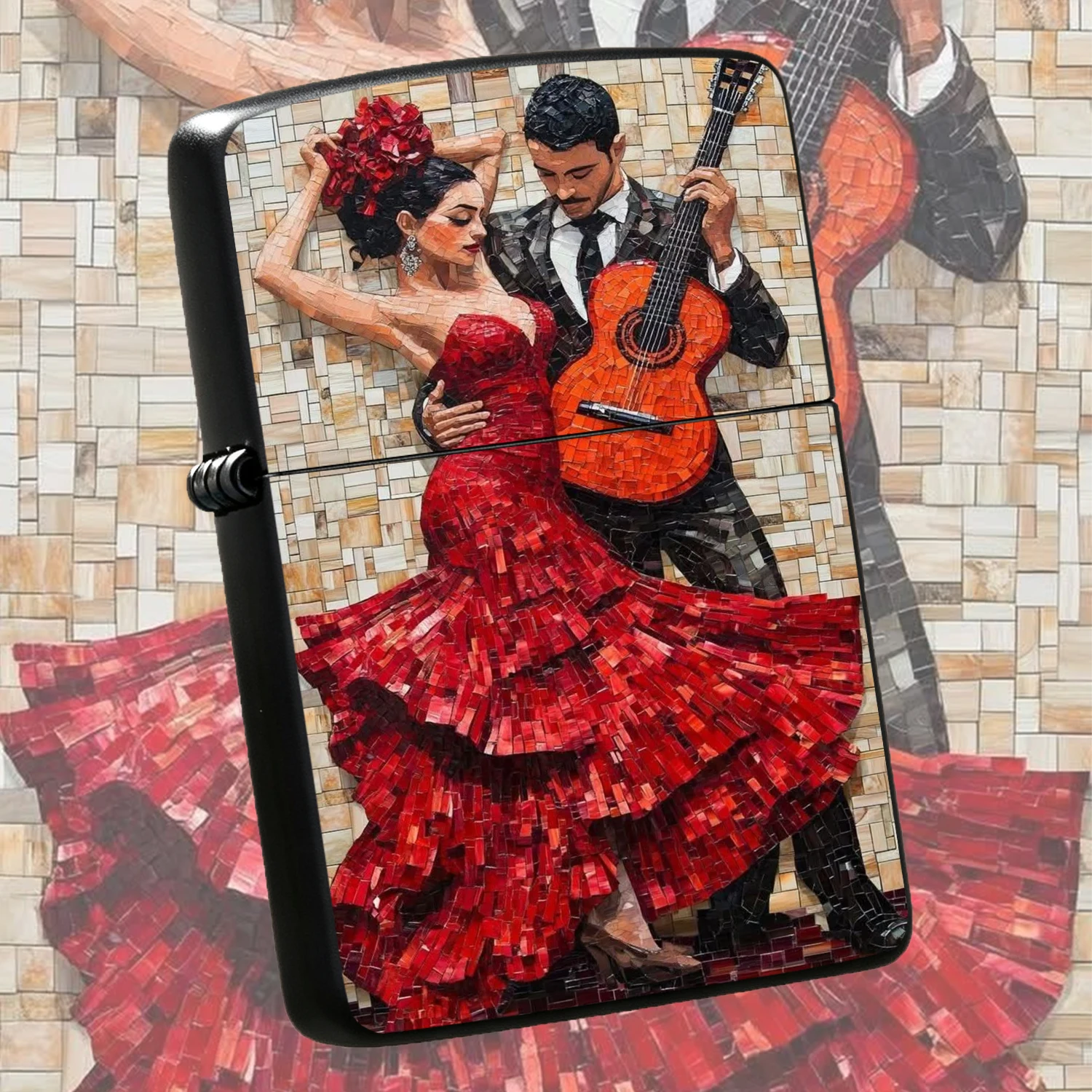 Flamenco Mosaic Art Style Lighter, Vivid Red Dancer Guitarist Pattern, Exquisite Decorative Practical Accessory For Outdoor Camping, Candle Lighting, Daily Use, Unique Artistic Collectible Gift For Festival Family Friends, Multi-Scenario Po