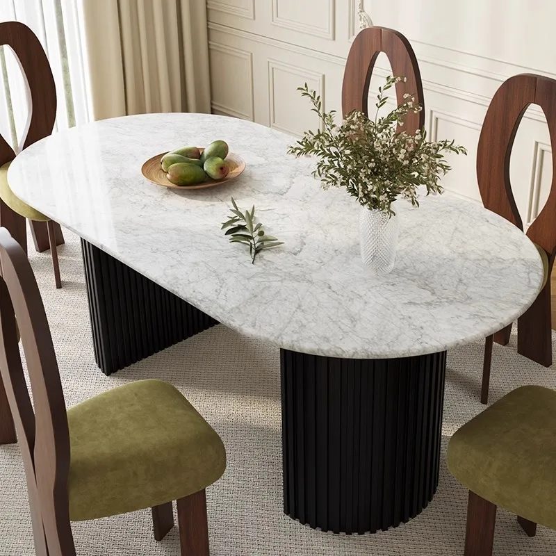 

Natural marble dining table white French antique modern simple solid wood oval