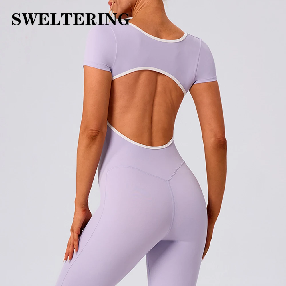 女性用バックレスヨガボディスーツ半袖ワンピース型トラックスーツフィットネスジャンプスーツ女性用ワークアウトボディスーツジムヨガスポーツジャンプスーツ
