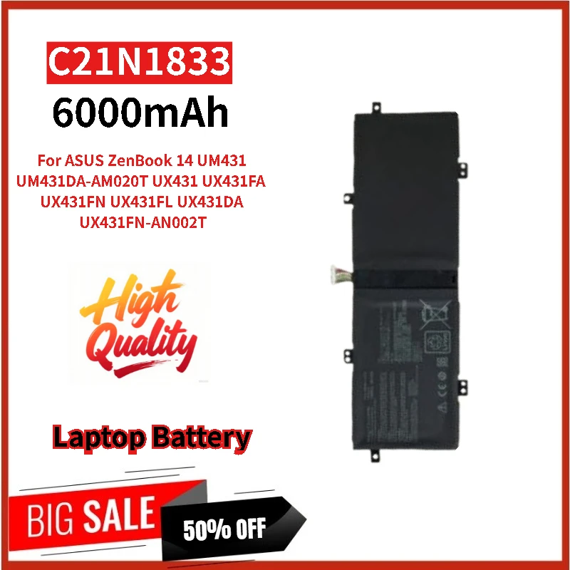 

High Quality Laptop Battery C21N1833 7.7V 6000mAh For ASUS ZenBook 14 UM431 UM431DA-AM020T UX431 UX431FA UX431FN UX431FL