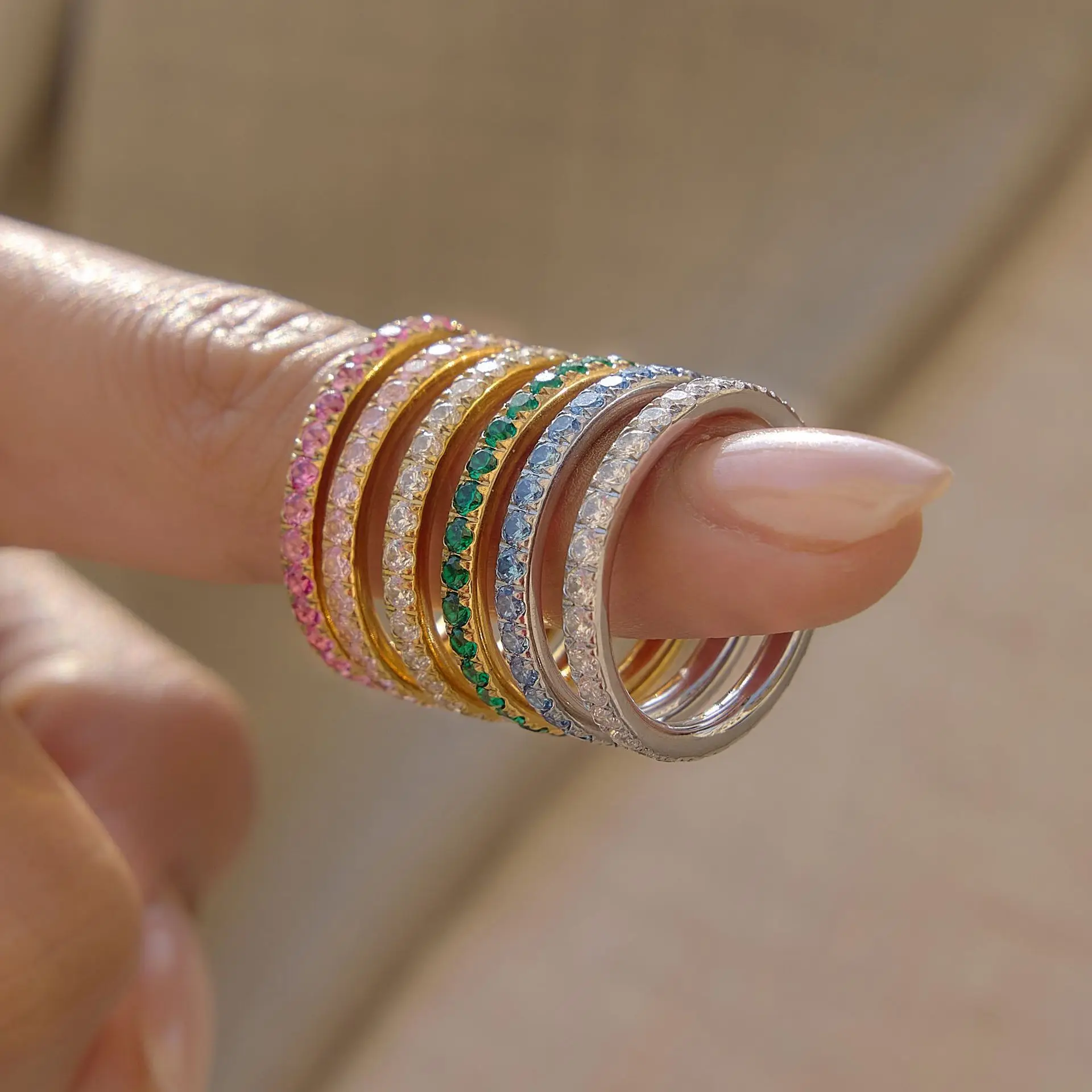 Colorful Cubic Zirconia Round Circle Stainless Steel Stackable Ring for Women Gold Plated Wedding Party Jewelry Waterproof Gifts