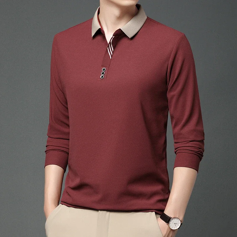 New Men's Business Casual Long Sleeved Shirt Solid Color Polo Shirt Fashionable Breathable Comfortable Versatile Top image 5