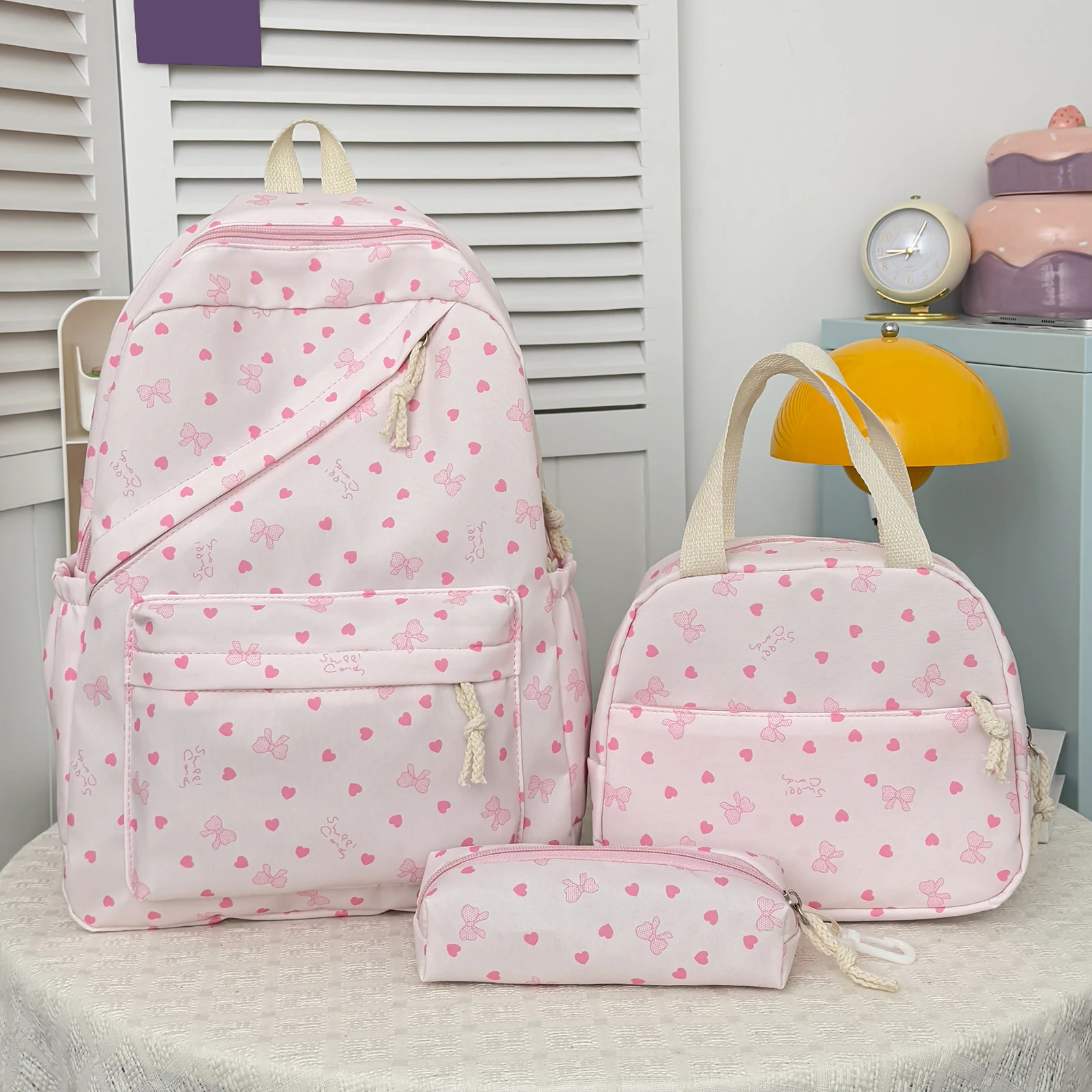 3Pcs Nylon Bow Print Cute Set with Lunch Box and Pencil Case Large Capacity for Teens Women Women College Outdoor