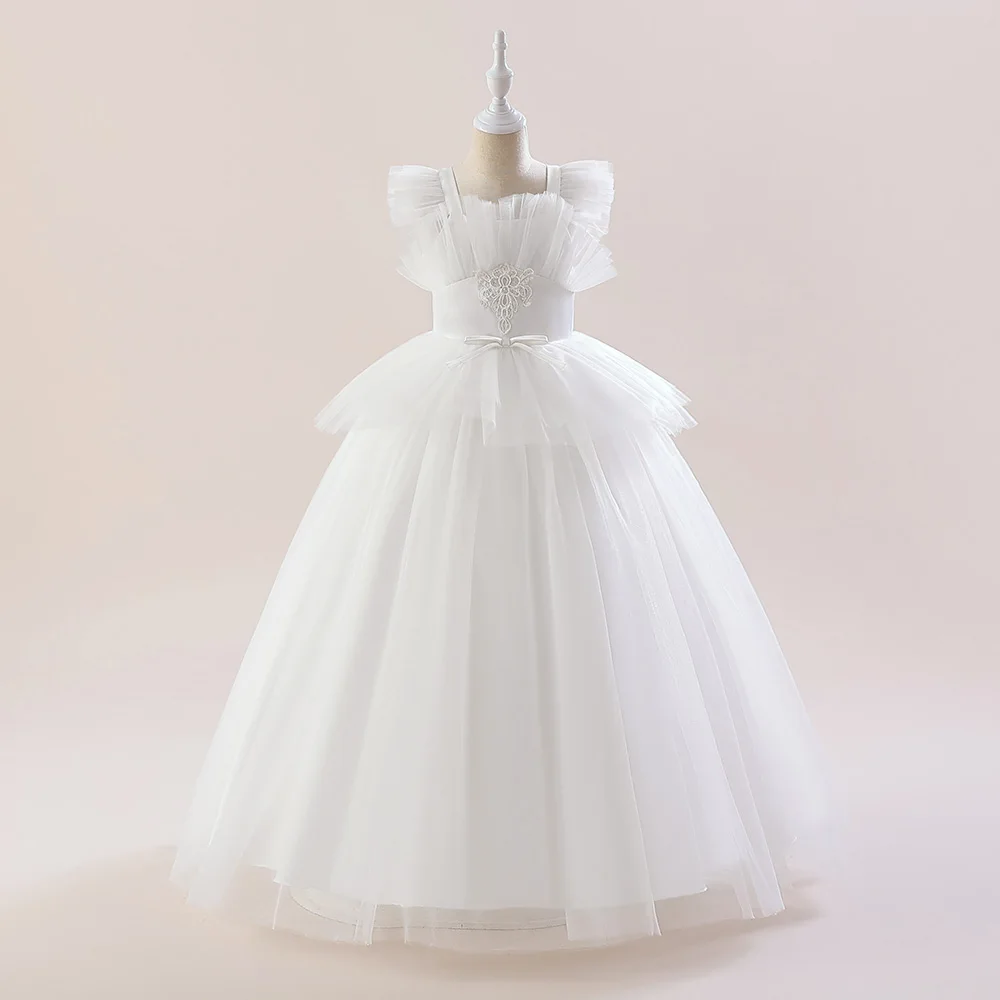 Long White Bridesmaid Dresse For Girls First Communion Princess Party Dress Puffy Tulle Kids Girl Birthday Wedding Prom Gown