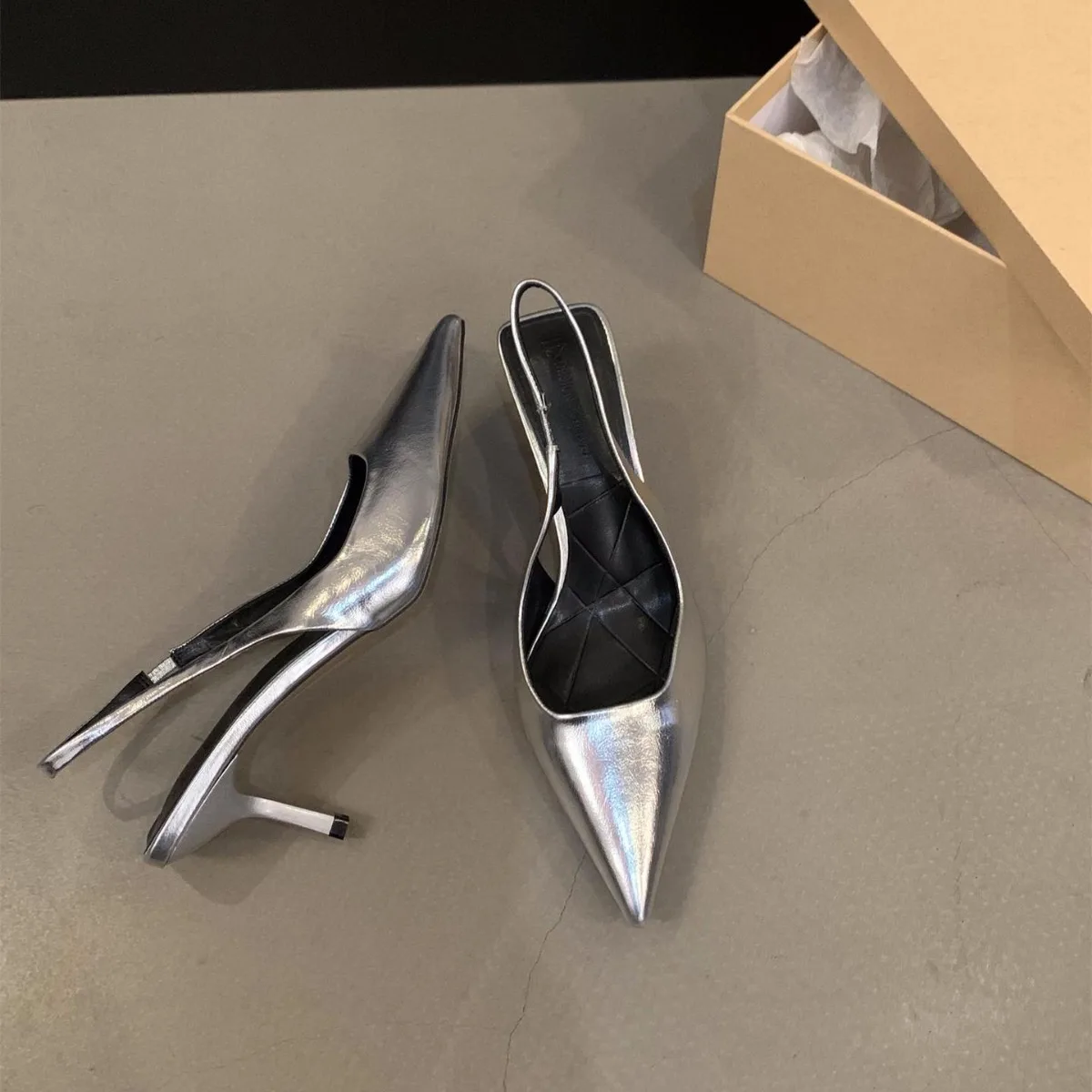 2024 Summer Silver Heels Pointed Toe Women Pumps Fashion Slip on Slingbacks Shoes Ladies Sexy Heel Party Dress Sandalias