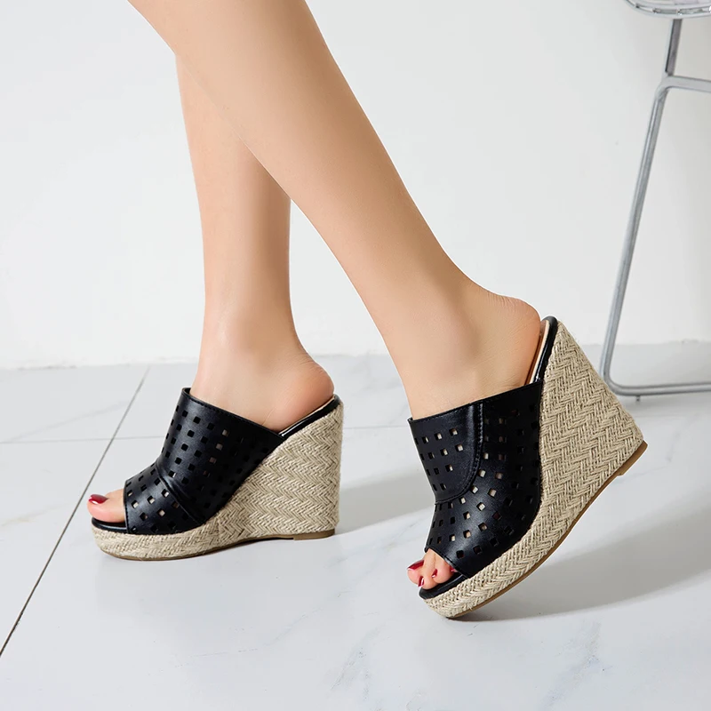 Cut-outs Platform Women\'s Slippers Wedge Heels Mules Shoes Summer Sandals For Women Open Toe Knitted Wedge Shoes Large Size 45