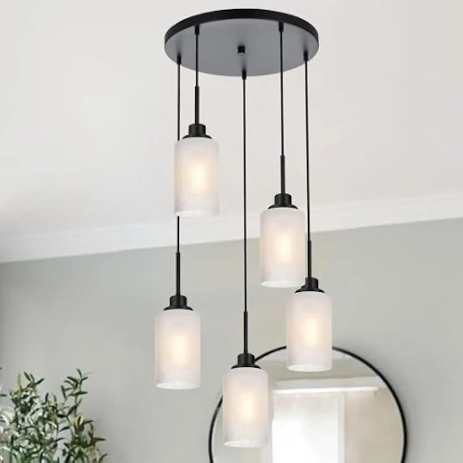 

Hanging Ceiling Light Fixture 5 Light Cluster Pendant Light with White Linen Glass Shade, Adjustable Glass Chandelier Black Fo