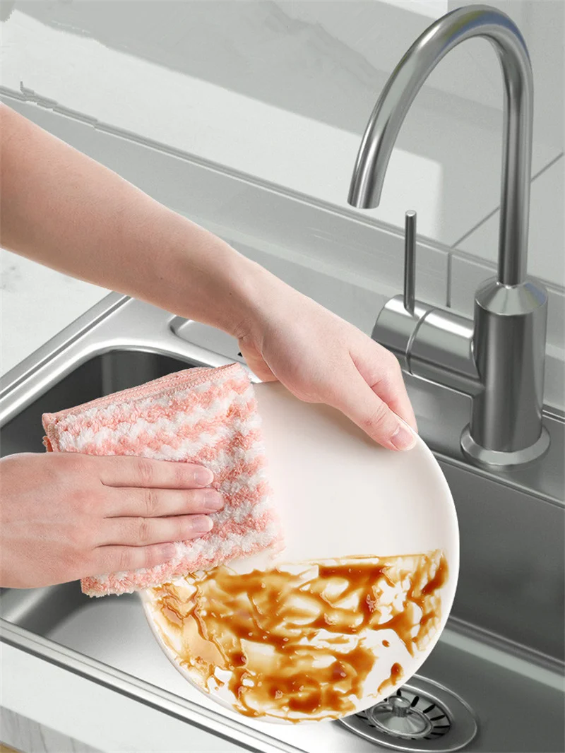 Thickened Kitchen Cleaning Towel Absorbent Non-stick Oil Microfiber Rag Pan Pot Dish Wipe Cloth Coral Fleece Dishcloths