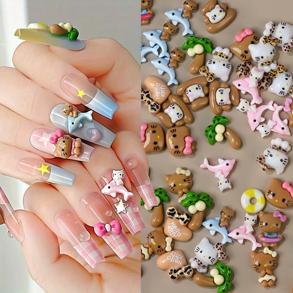 12칸 레오파드 헬로키티 리본 별 네일 라인스톤 귀여운 키티 고양이 머리 리본 네일 참 만화 네일 아트 장식