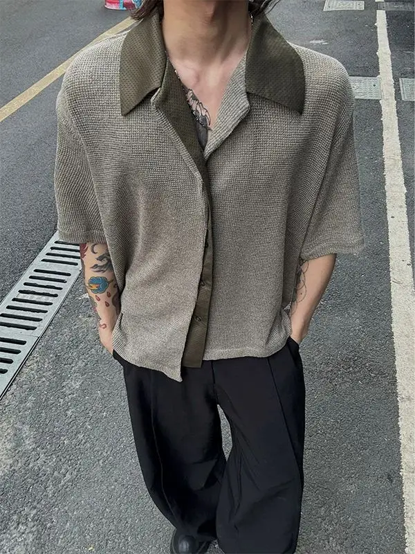 Knitted Short-sleeved Shirt Men's Summer Seven-quarter-sleeved Fake Two-piece Collar Casual