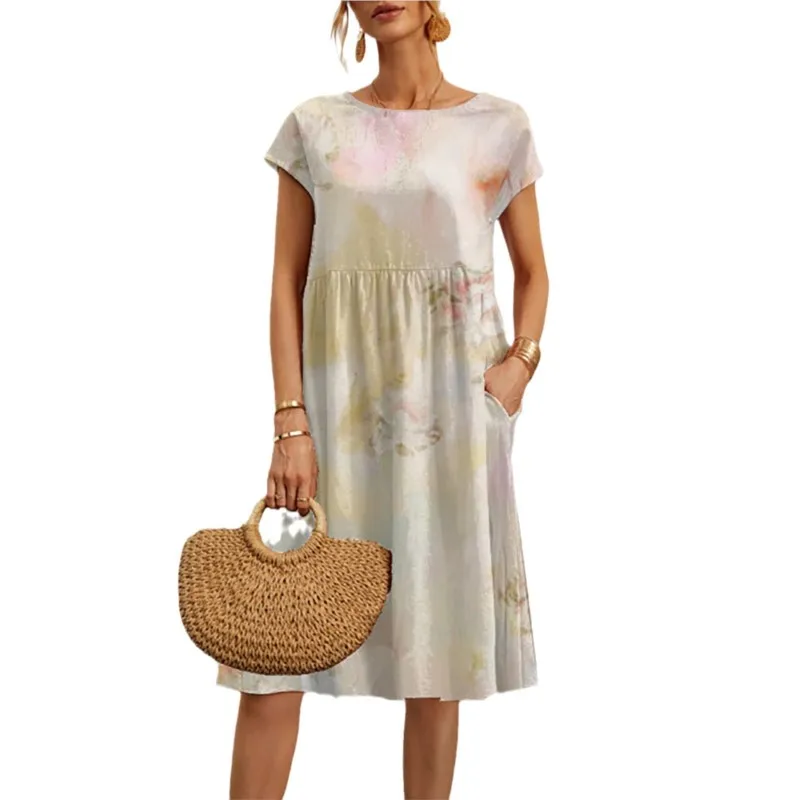 Abito estivo da donna casual stampato floreale quotidiano Moda manica corta girocollo Abiti larghi Boho Beach Swing Holiday Sundress
