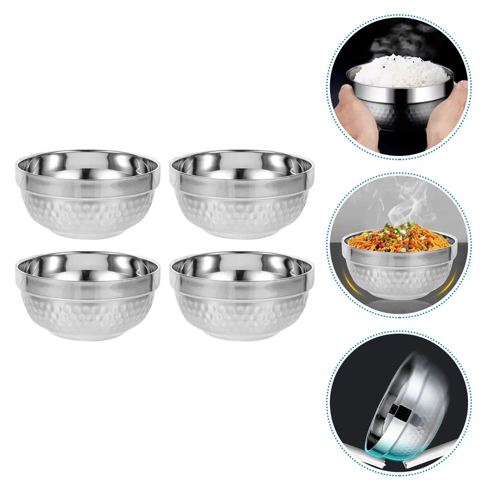 

4pcs Stainless Steel Bowls Double Layer Insulated Soup Kitchen Silver Small Home Baking Containers Salad Bowl