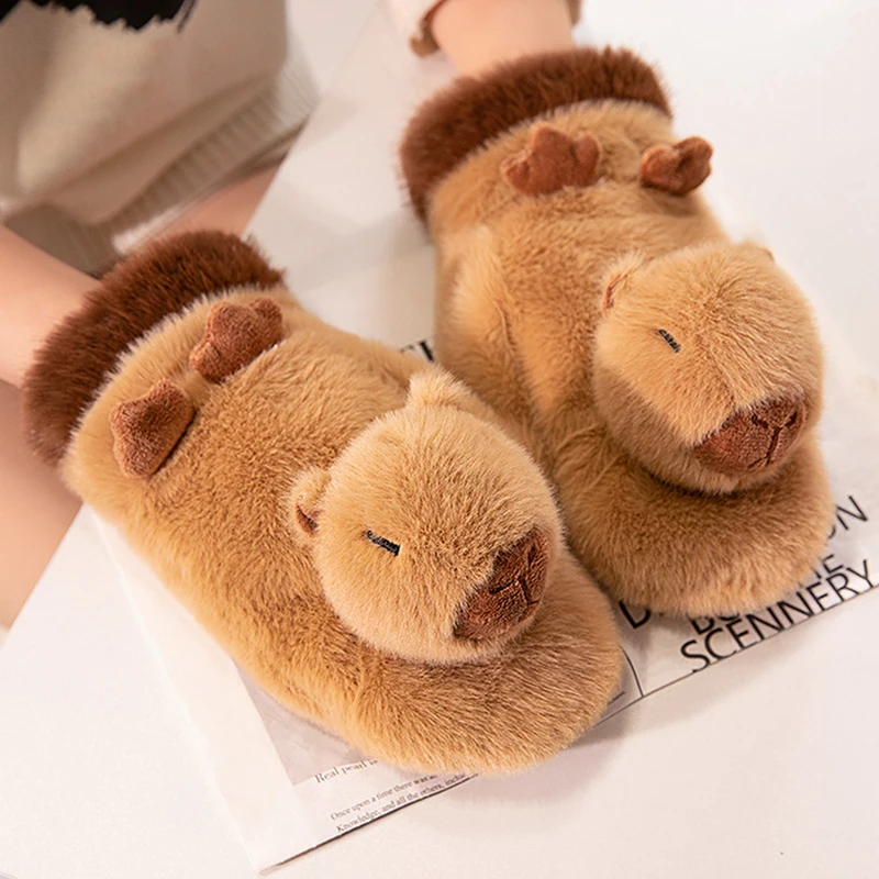 Niedliche Capybara-Plüschhandschuhe für Damen, weiche, verdickte, flauschige Winter-Handschuhe für Mädchen, hält warm und kalt, winddicht, für den Außenbereich