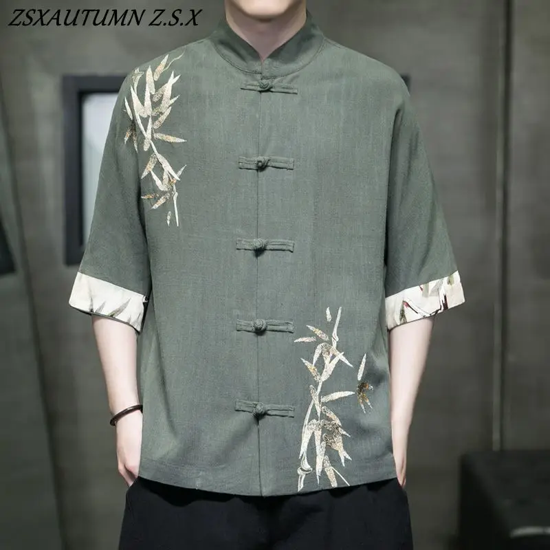 Tang Suit Men Chinese Style Summer Thin Cotton Linen Embroidery Shirt Trend Loose Hanfu Tops Large Size Shirt Vintage  Casual