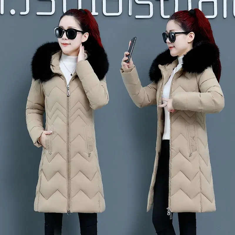 2024 Women\'s Down Parkas Winter Jacket Big Fur Collar Thick Slim Coat Fashion Hooded Cotton Outerwear Female Casual N157
