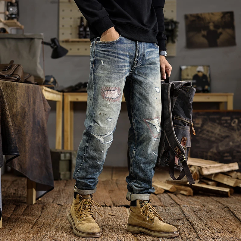 

2025 SS Premium Selvedge Denim Jeans for Men American Vintage Washed High-Street Distressed Loose Fit Straight Leg Pants
