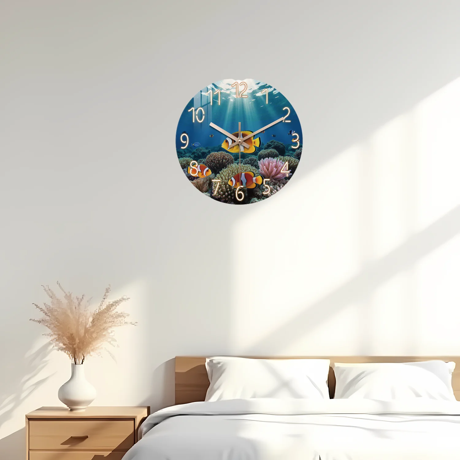 Ocean Eco Clownfish Coral Pattern Wooden Wall Clock, 10-24inch Silent Wall Clocks, Aa Battery Powered, Suitable for Living Room, Bedroom, Office, (Batteries Not Included), Mother's Day, Easter, April Fool's Day