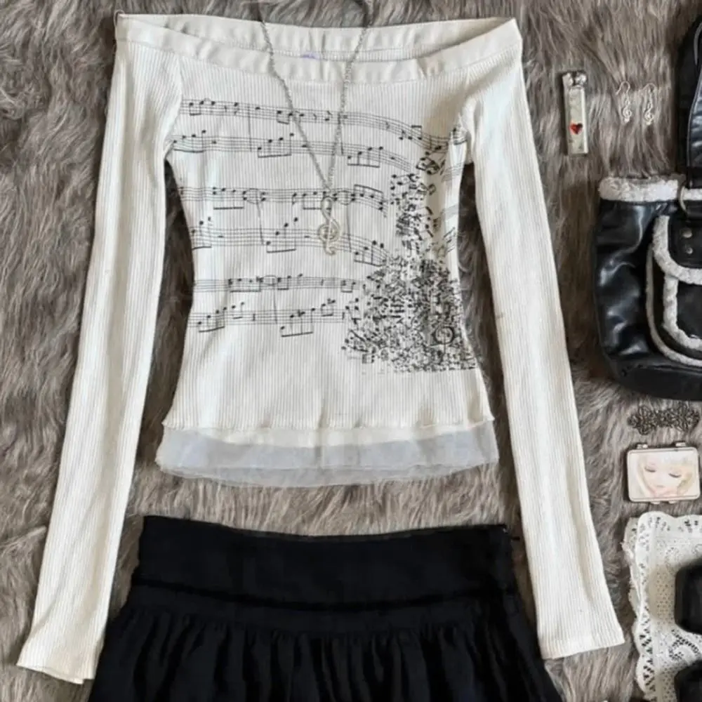 Y2K Style Music Note Print Off-Shoulder Top Round Neck Patchwork Design Boat Neck Top Elegant Ruffle Trim Long Sleeve Top Women