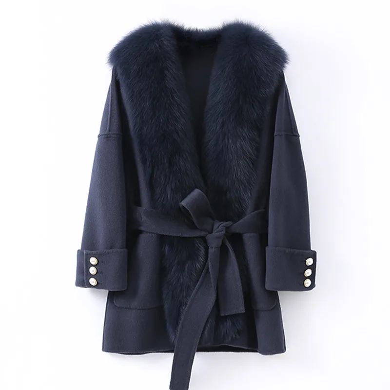 

Pudi Women Winter Real Fox Fur Coat Jacket 2021 Ins Hot Lady Over Size Wool Blends Parka Trench Z20221