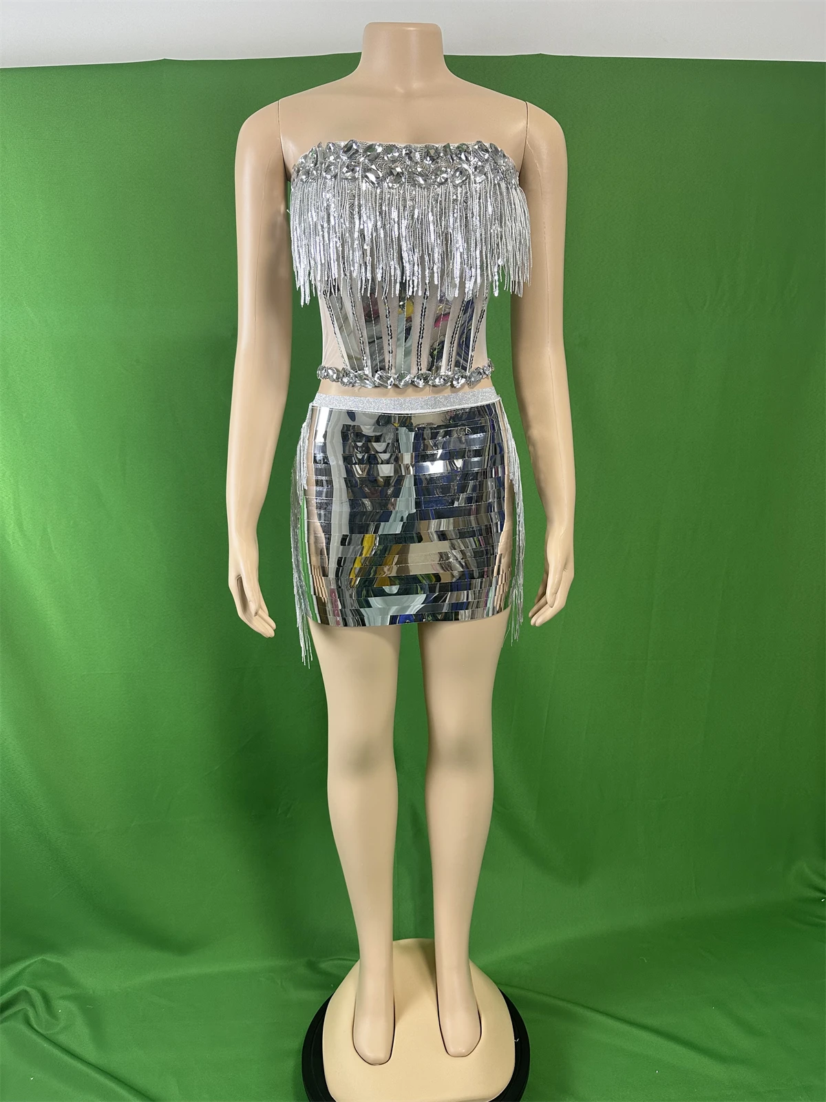 

Women Sexy Backless Sparkle Stage Performance Show Silver Mirror Dress Party Queen Showgirl Costume Club Bar Wear