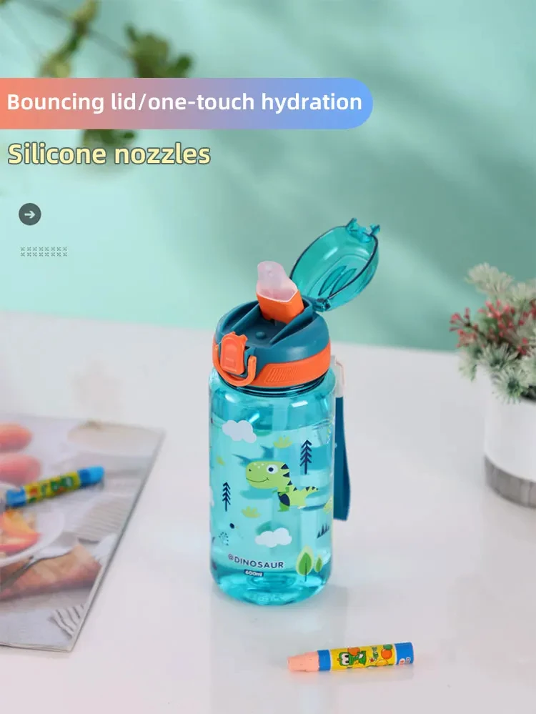 600 ml Dinosaurier Wasser Flasche Für Kinder Wasser Sippy Tasse Mit Silikon Stroh Auslaufsichere Kunststoff Wasser Flaschen Sommer Kinder Wasser Tasse – Detail 2
