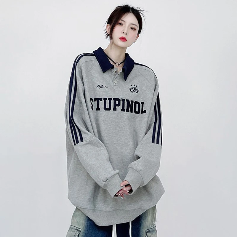 Gidyq Spring Women Sweatshirt American Style Fashion Letter Embroidery Loose Baseball Uniform Female Streetwear Pullover Tops