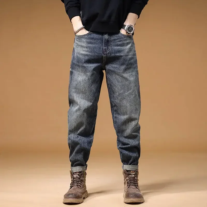 Men's Jeans Tapered Harem Man Cowboy Pants with Pockets Trousers Stacked 2024 Fashion Baggy Clothes Y2k 2000s Spring Autumn Xs