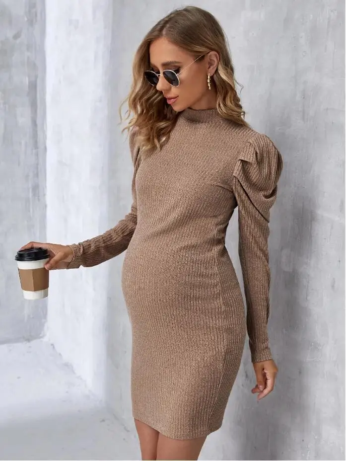 

New Knit High Collar Maternity Dress Long Sleeve Pregnancy Clothes For Pregnant Women Autumn Casual Clothing Solid Color Costume