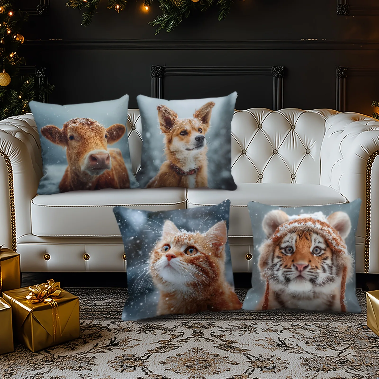 

Charming Winter Animal Pillowcase: Snowy Cow & Pet Pattern Cushion Cover for Cozy Sofa Living Room Home Decor