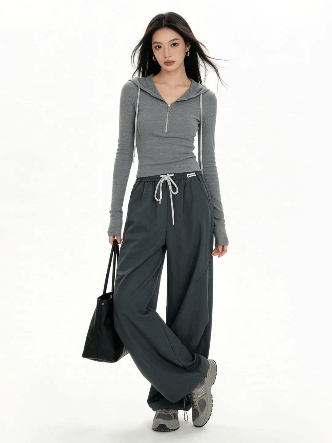 Grey Korean Style Retro Sports Work Pants Wide Leg Early Spring New Women Casual Slimming Loose High Waist Cuffed Pants