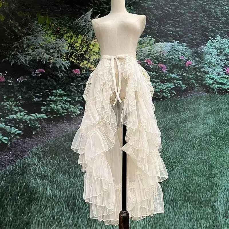 Gótico lolita renda malha babados fada princesa festa saia feminina assimétrica bonito cortina pura cobrir saias longas finas branco