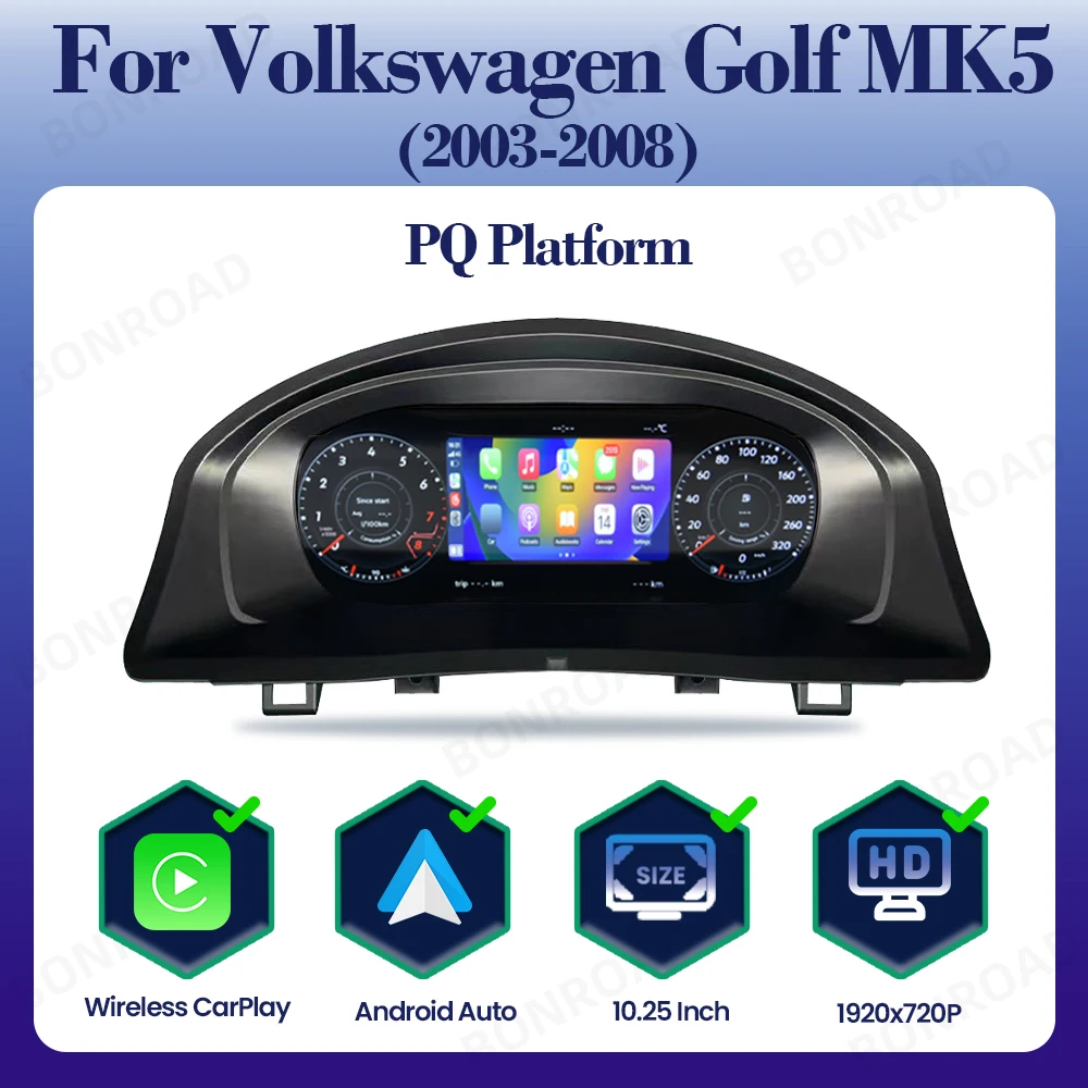 BONROAD Linux 1920*720P LCD digitaal instrumentenpaneel dashboard draadloze CarPlay Android Auto voor Volkswagen Golf 5 Golf 6 Golf 7/7.5 Passat B7 CC Passat B8 Scirocco Tiguan snelheidsmeter cockpit