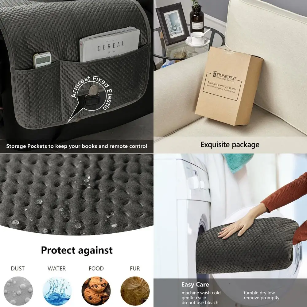 

Waterproof Velvet Recliner Chair Cover, Quilted Slipcover with Stay-in-Place Design, Grey, 23 Regular